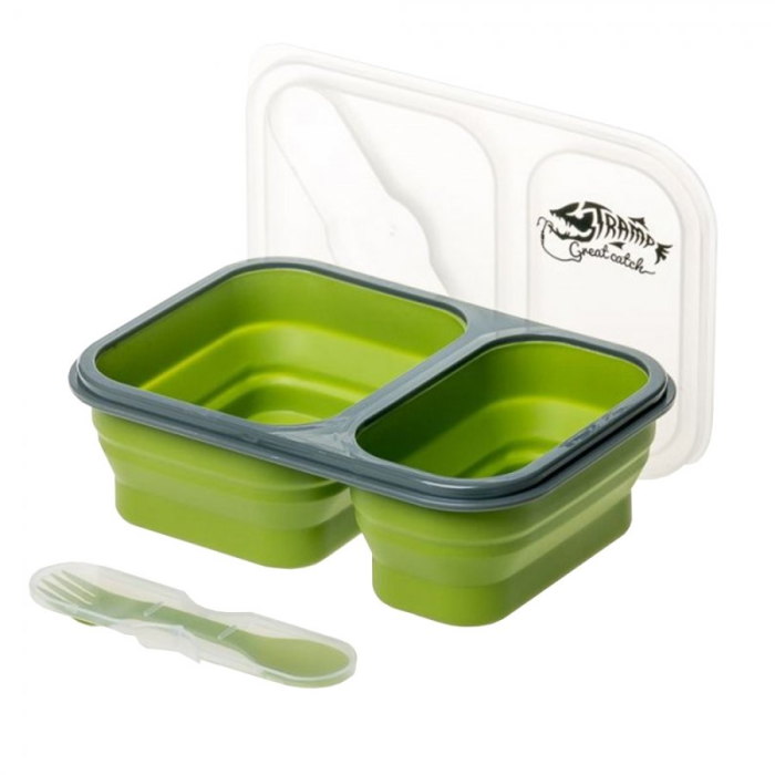 Tramp Контейнер силиконовый 2 отсека с ловилкой, оливковый, TRC-090